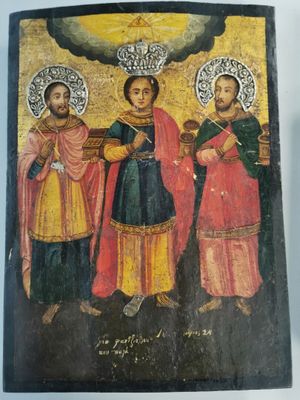 Icône sur bois représentant trois personnages tenant une cro…