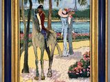 tableau représentant une femme à cheval aux côtés d'un homme coiffé d'un chapeau