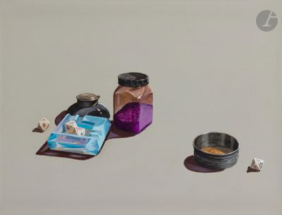 un tableau représentant deux bocaux et une cigarette posés sur une table