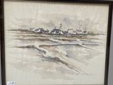 framed watercolor painting of a beach scene with houses in the distance