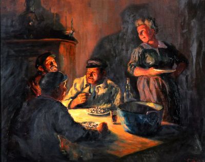 a painting of a woman serving food to a group of people