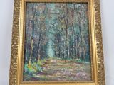 an oil painting of trees in a forest with a path in the foreground