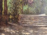 an oil painting of steps leading up to a tree lined path