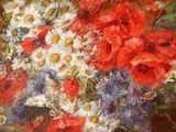 a painting of flowers in a vase on a table