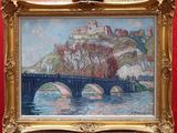 painting of a bridge over a river with a castle on a hill in the background