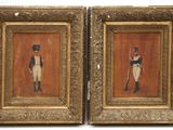 two framed paintings of men in uniforms and hats on a white background