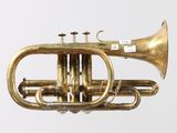 a brass trumpet that is sitting on a white surface