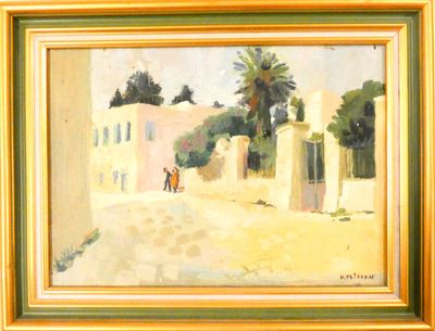 an oil painting of a couple walking down a street in front of a building