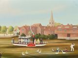 a painting of a boat with people on it in the water