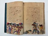 an open book with a drawing of a group of people on it