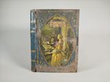 un vieux livre avec l'image d'une femme en robe jaune