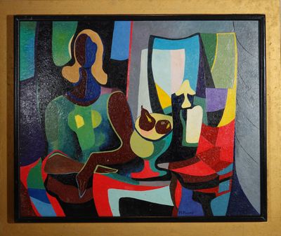 a painting of a woman sitting at a table with a wine glass in front of her