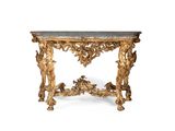 table console ancienne avec un plateau en marbre et un décor à la feuille d'or