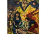 a painting of a woman holding a baby in front of a group of people
