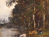 une peinture à l'huile représentant un homme et une vache au bord d'une rivière