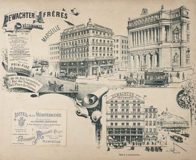 drawing of an old postcard of a city with buildings and a horse drawn carriage