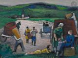 une peinture représentant un groupe de personnes dans un champ
