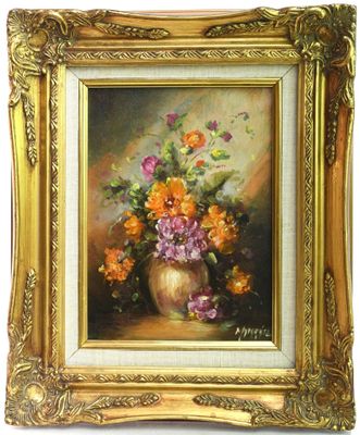 peinture d'un vase de fleurs dans un cadre doré sur fond blanc