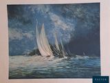 painting of sailboats sailing in the ocean under a cloudy sky