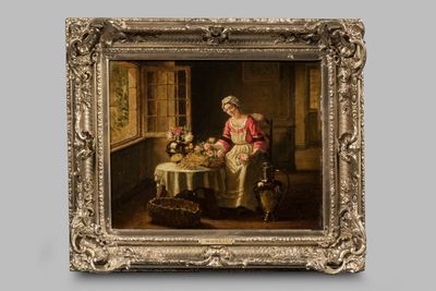 tableau représentant une femme assise à une table avec une corbeille de fruits