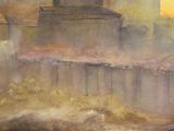a painting of a building on fire with smoke coming out of it