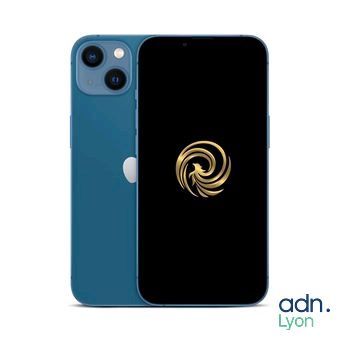 une coque d'iPhone bleue avec un motif en spirale doré au dos