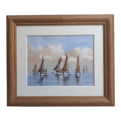 painting of a group of sailboats floating in the ocean