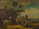 an old painting of a village scene with people and animals