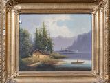 an image of a painting of a boat on a lake with mountains in the background