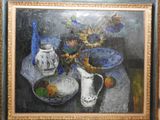 a painting of a painting of a vase and a bowl of fruit on a table