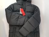 the jacket is black and has a red tag on it