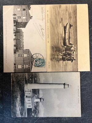 three old postcards of a lighthouse and a boat in the water