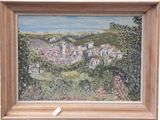 painting of a view of a small town in a wooden frame
