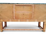 a wooden cabinet with a marble top on a white background