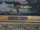 a picture of a painting of cattle crossing a river