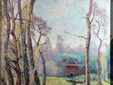 an oil painting of a country scene with a stream in the foreground and a barn in the background