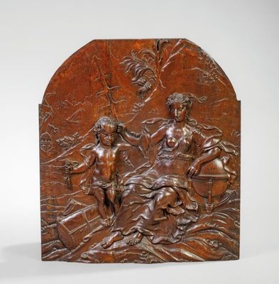 une image représentant une plaque en bronze sur laquelle figurent un homme et une femme à cheval