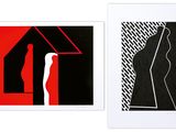 deux gravures en noir et rouge représentant une femme et un homme