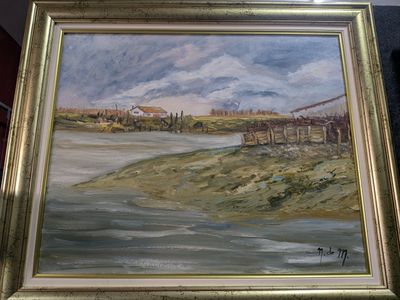 a painting of a bridge over a river in a gold frame