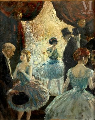 une peinture à l'huile représentant un groupe de personnes vêtues de tutus