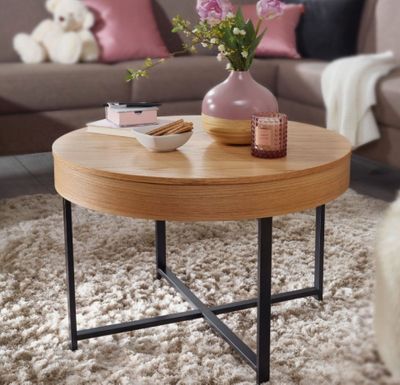 Table basse coffre ronde, décor chêne et pieds noir , dimens…