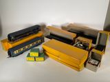 many different types of toy trains on the table