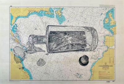an image of a map of the world with a ship in it