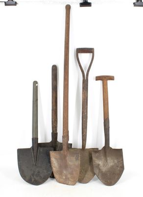 five different types of garden tools on a white surface