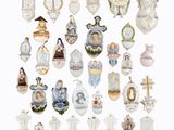 many different types of religious figurines displayed on a white background