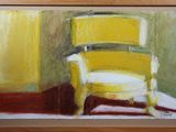 painting of a yellow chair in a yellow room with a red carpet