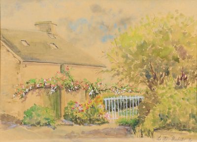 a painting of a house with a gate in front of it