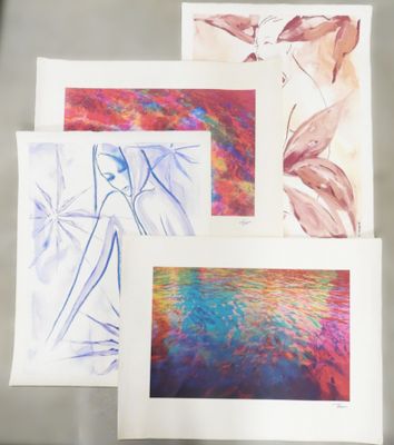 four cards with watercolor paintings on them sitting on top of a table