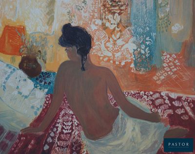 une peinture représentant une femme assise sur un lit