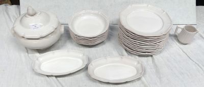 a lot of white plates and cups on a table